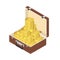 A lot of gold coins in a suitcase with a handle in the isometric