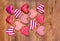 A lot of hearts fabric on wooden background