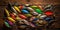 Lot of multicolored fishing lures on a wooden background. AI generative illustration