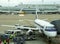 LOT Polish Airlines Embraer during turn around in Brussels airport in Belgium.