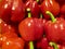 Lot of red bell peppers on a pile. Healthy organic capsicum vegetables for cooking.