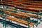 Lot of rows of empty wooden benches