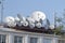 A lot satellite dishes, satellite antennas mounted on the roof.