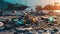 A lot of Spilled garbage on beach of big city. Environment concept. environmental protection concept. Generetive AI