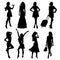 A lot of vector black silhouettes of beautiful women on white background