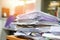 Lot of work document file working stacks of paper files searching information on work desk office - business report papers piles