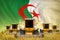 A lot of yellow farming combine harvesters on farm field with Algeria flag background - front view, stop starving concept -