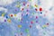 Lots of colorful balloons flying against blue sky with clouds with copy space. Concept of holiday, Children\\\'s Day, Last