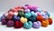 Lots of colorful balls of knitting thread.