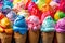 Lots of colorful delicious cold ice cream in waffle cones. Generated by AI