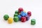 Lots of colorful dices for board games, tabletop games or rpg on light background