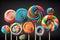 Lots of colorful lollipops on a black background