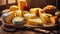 Lots of different cheeses delicatessen board assortment wooden background food variety cuisine product