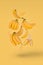 Lots fresh bananas flying in air isolated on a pastel yellow background