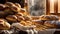 Lots fresh delicious bread in the kitchen crust tasty table nutrition rustic organic