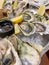lots of fresh oysters with lime in the restaurant delicious food healthy food as a background