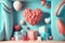 Lots of gift boxes at home, Valentines day, balloons heart love holiday mood. Generative AI