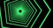 Lots of green pentagons, the camera pans in. Concept of 3d abstractions, tunnel, inward movement, infinity, dimension of