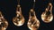 Lots Hanging Glowing Vintage Edison Light Bulbs on Black Background