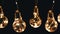 Lots Hanging Glowing Vintage Edison Light Bulbs on Black Background