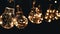 Lots Hanging Swinging Glowing Vintage Edison Light Bulbs on Black Background