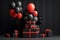 Lots of holiday present boxes in black wrapping paper with red bows. Gifts decorated with black and red balls. Generavite by ai