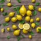 Lots of lemons and leaves on a wooden surface, created with Generative AI technology