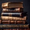 Lots of old leather-bound books in one stack on a dark background.