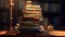 Lots of old leather-bound books in stacks on a wooden table in a librar