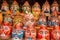 Lots of painted wooden and clay idols of Tribal Hindu god Jagannath during Rath yatra. AI generative