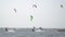 Lots of people are kitesurfing, colorful kites in the sky, recreation on the sea