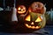 Lots of pumpkins in dark forest. two halloween pumpkins