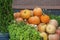 Lots of ripe yellow pumpkins in heap. Autumn decor rustic style