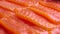 Lots of salmon fish slices for sushi or sashimi, close up detailed video of red fish fillet, high quality 4k video clip