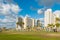 Lots tall skylines and luxury hotels along the Tel Aviv beach near the Sir Charles Clore park in Tel Aviv, Israel