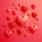 Lots of voluminous decorative hearts on a red background.  Generative AI, generative artificial intelligence