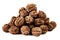 Lots of wild walnuts piled up on a white background