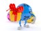 Lotto ball character holding gift