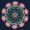 Lotus background. Floral decorative ornament. Water lilies arrenged in circular wreath isolated on deep blue background