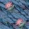 Lotus background. Floral seamless pattern with water lilies and banana leaves on deep blue background. Diagonal rhythm.