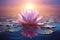 Lotus flower in full bloom, peacefully floating on the mirrored surface of a serene lake. Ai generated