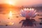 Lotus flower in full bloom, peacefully floating on the mirrored surface of a serene lake. Ai generated