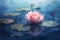 Lotus flower in full bloom, peacefully floating on the mirrored surface of a serene lake. Ai generated