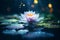 Lotus flower in full bloom, peacefully floating on the mirrored surface of a serene lake. Ai generated