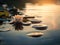 A lotus flower with leaves on the surface of the water in the rays of sunset. AI generation