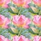 Lotus watercolor illustraton isolated on white background. Seamless pattern with colorful lotuses