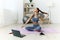 lotus woman lifestyle video health room mat home yoga laptop training