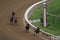 LOUISVILLE, KENTUCKY - APRIL 28, 2021: Horses come around final turn in a claiming race at Churchill Downs on Apr 28, 2021 in