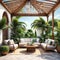 Lounge area in the courtyard in a gazebo with sofas