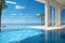 lounge area with pool and glass pavilion and a view of the summer landscape with clear blue sky